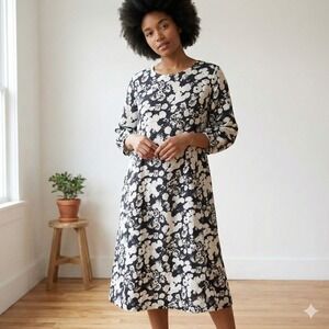 Everlane The Linen A Line Midi Dress Womens 10 Black White Floral Beachy NWT